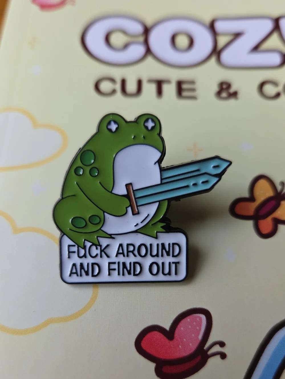 Green Frog Enamel Pin - Funny Sword Badge